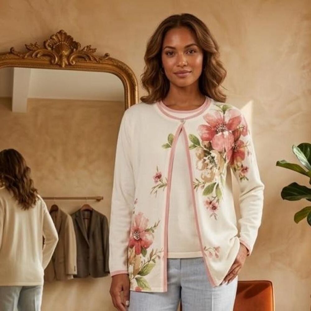 Alfred-dunner Women's Cream and Pink Cardigan